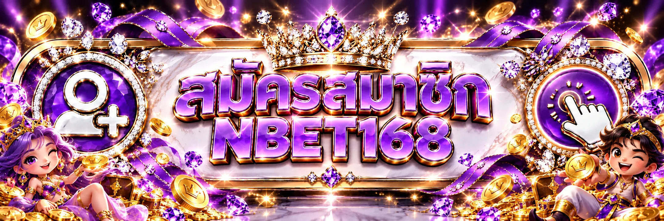 ปุ่มสมัครสมาชิกและทางเข้า NBET168 โทนม่วงทอง